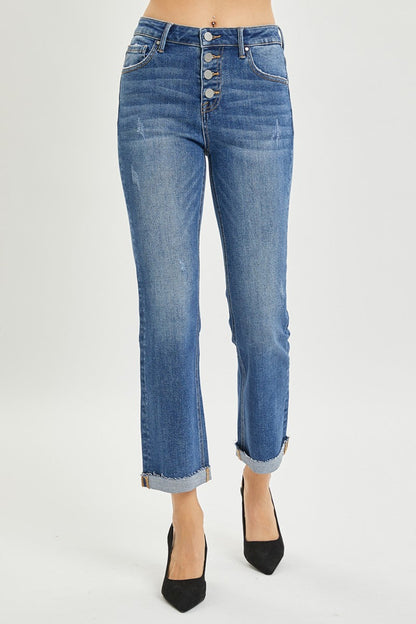 Hazel Blues® |  RISEN Button Fly Cropped Bootcut Jeans