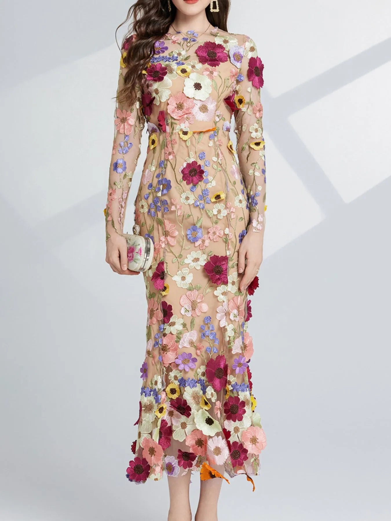 Hazel Blues® |  Floral Embroidered Mesh Long Sleeve Midi Dress