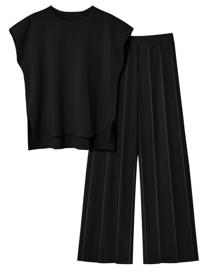Hazel Blues® |  Round Neck Cap Sleeve Top and Pants Knit Set