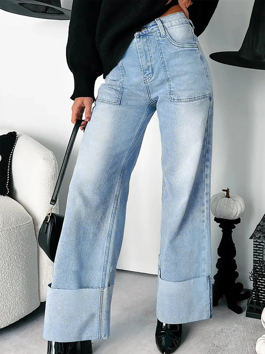 Hazel Blues® |  High-Waisted Wide-Leg Jeans with Cuffed Hem