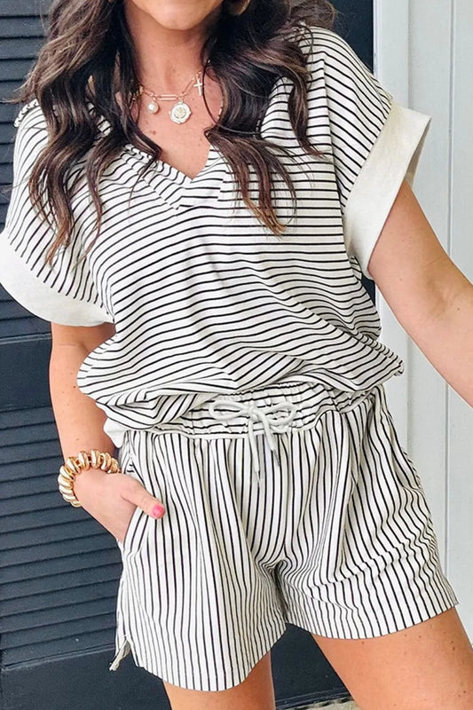 Hazel Blues® |  Stripe V Neck Tee and Casual Shorts Set
