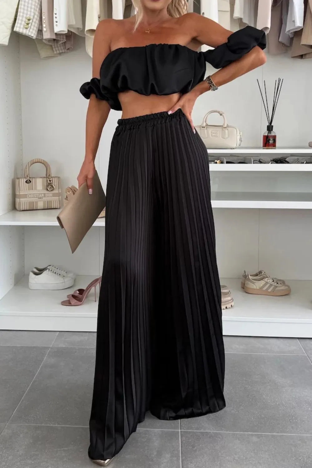 Hazel Blues® |  Off-Shoulder Top and Pleated Pants Set