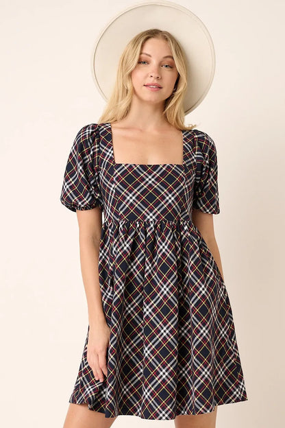 Hazel Blues® |  Mittoshop Checkered Print Puff Sleeve Babydoll Mini Dress