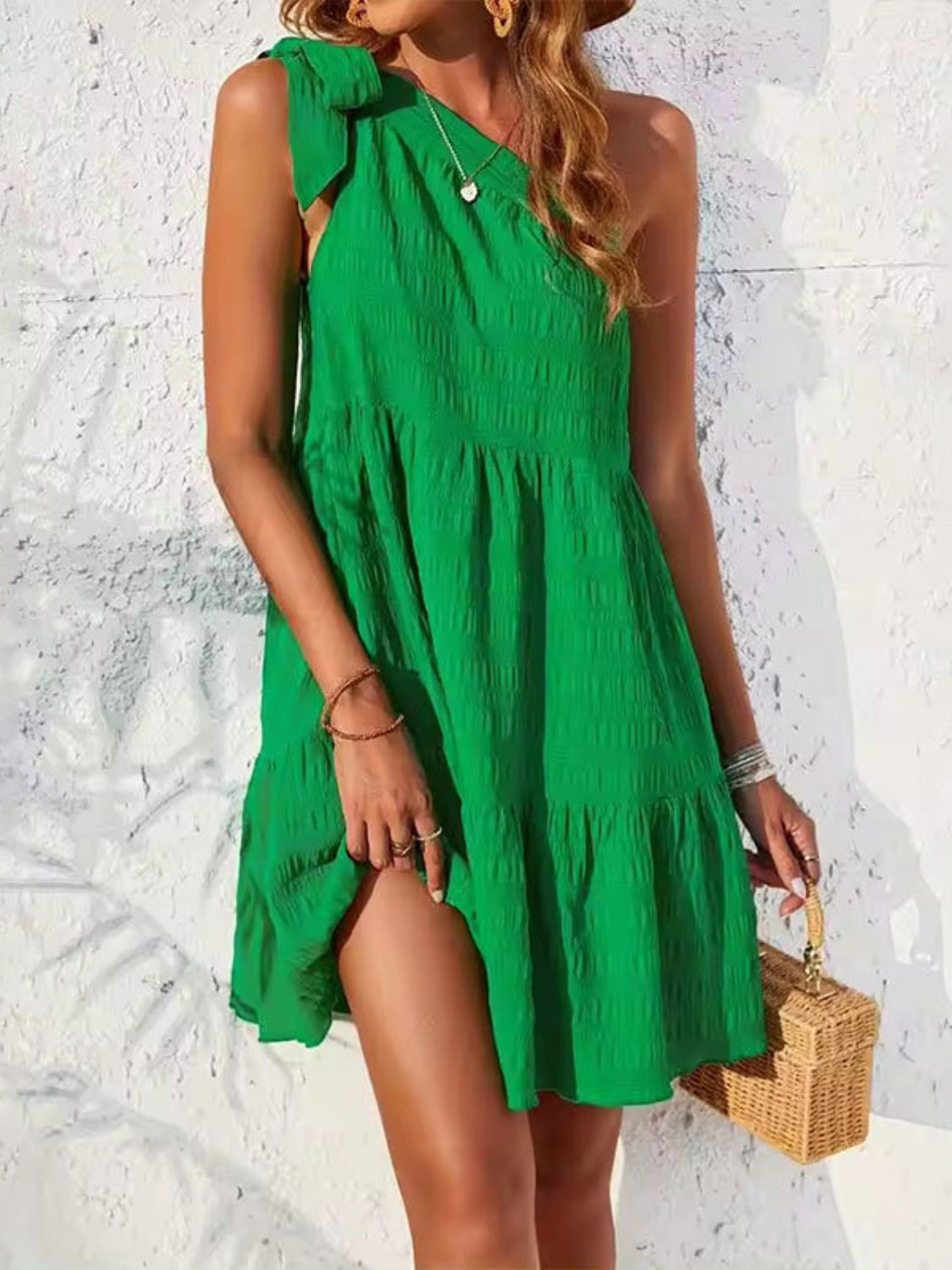 Hazel Blues® |  Textured Tied Single Shoulder Mini Dress