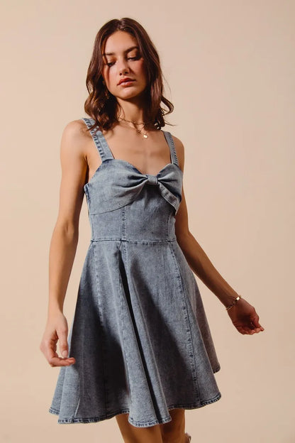 Hazel Blues® |  SO ME Mineral Washed Bow Ribbon Denim Flare Dress