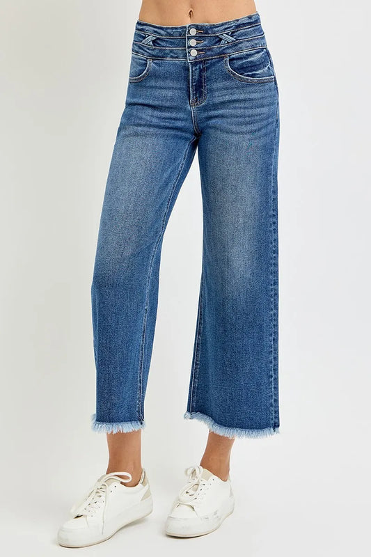 Hazel Blues® |  RISEN High Rise Crop Wide Leg Jeans with Wide Band Detail