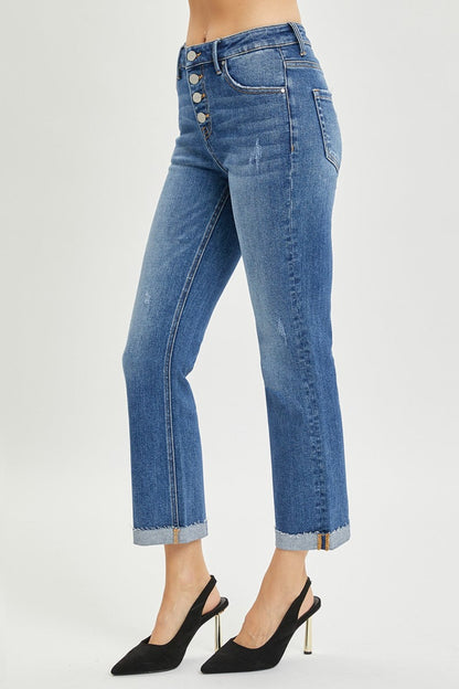Hazel Blues® |  RISEN Button Fly Cropped Bootcut Jeans
