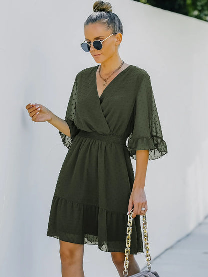 Hazel Blues® |  Swiss Dot Flare Sleeve Wrap Mini Dress