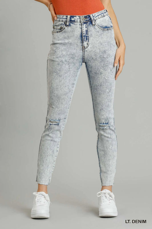 Hazel Blues® |  Umgee 5-Pockets Distressed Detail Stretch Denim Skinny Jeans with Unfinished Hem