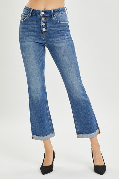 Hazel Blues® |  RISEN Button Fly Cropped Bootcut Jeans