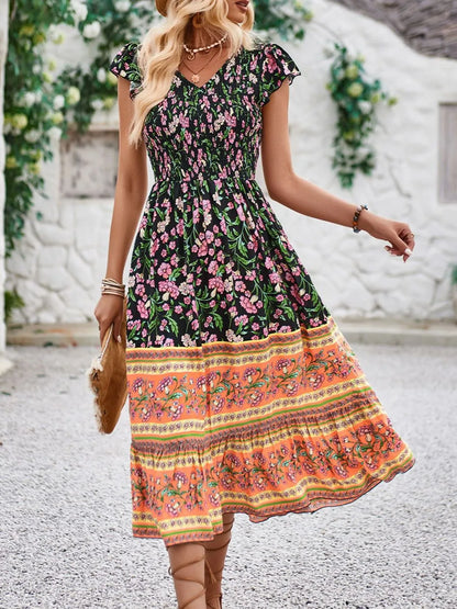 Hazel Blues® |  Printed Round Neck Cap Sleeve Dress