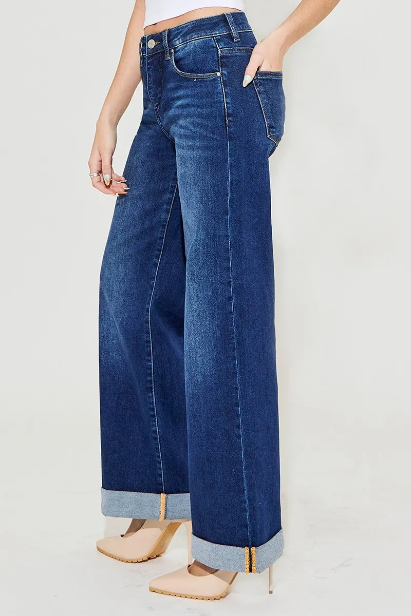 Hazel Blues® | RISEN Tummy Control High Rise Wide Leg Cuffed Jeans