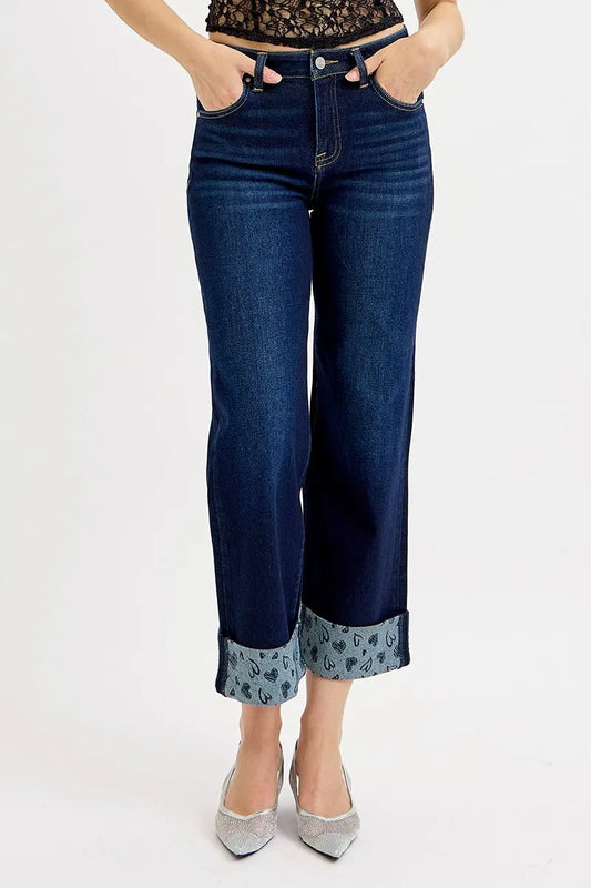 Hazel Blues® | RISEN Mid Rise Fit Crop Wide With Printed Cuff Jeans