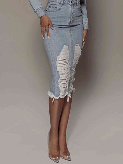 Hazel Blues® |  Distressed Slit Denim Skirt