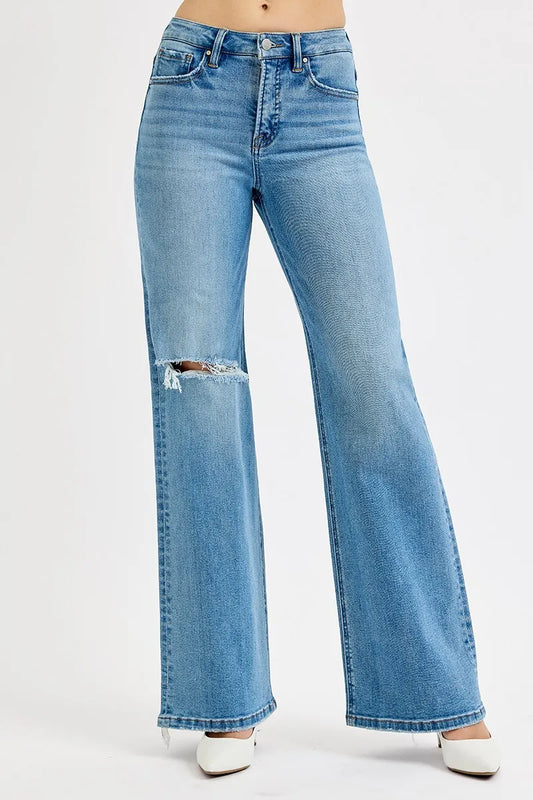 Hazel Blues® | RISEN Distressed Wide Leg Jeans