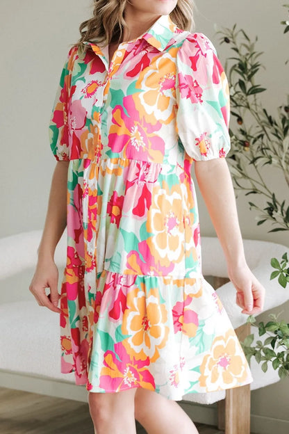 Hazel Blues® |  Button Down Floral Puff Sleeve Babydoll Dress