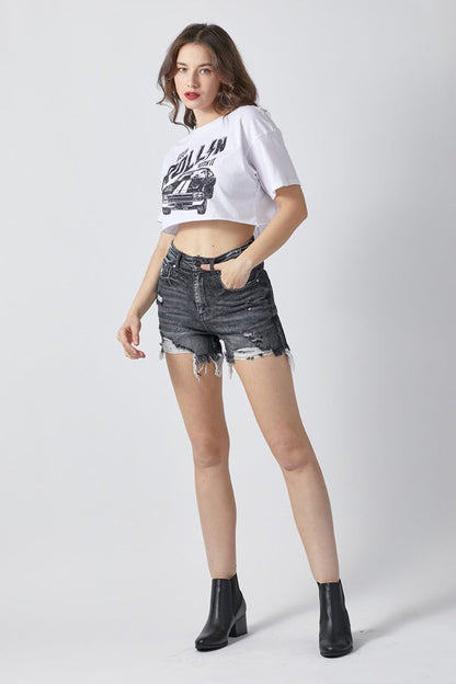 Hazel Blues® |  RISEN High Rise Distressed Denim Shorts