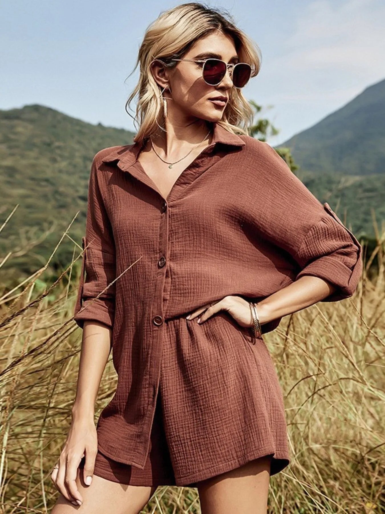 Hazel Blues® |  Button Down Shirt and Shorts Set