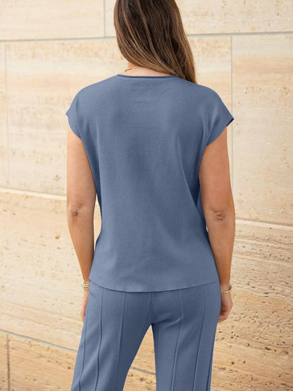 Hazel Blues® |  Round Neck Cap Sleeve Top and Pants Knit Set