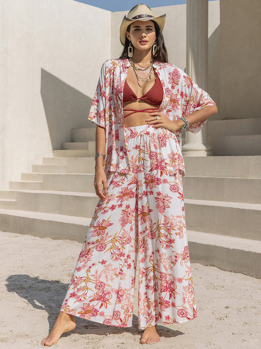 Hazel Blues® |  Printed Open Front Half Sleeve Top and Pants Set
