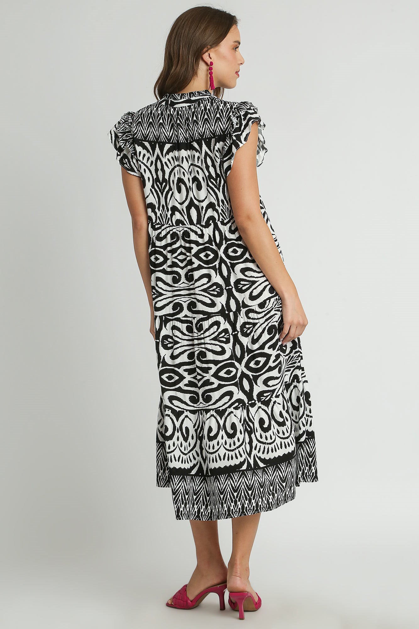 Hazel Blues® | Umgee Two Tone Border Print Ruffle Cap Sleeve Midi Dress