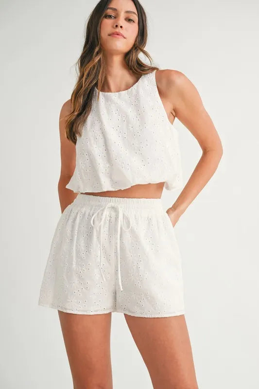 Hazel Blues® |  MABLE Eyelet Bubble Hem Sleeveless Top and Shorts Set