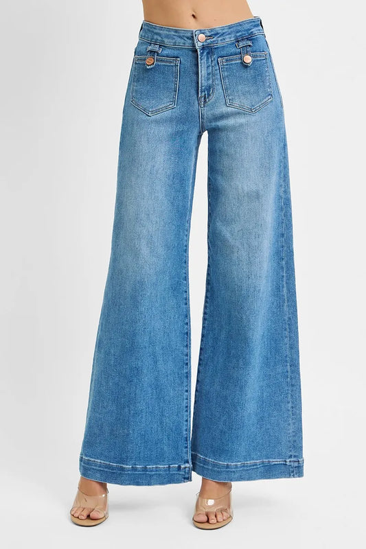 Hazel Blues® | RISEN Mid Rise Wide Front Patch Pocket Jeans