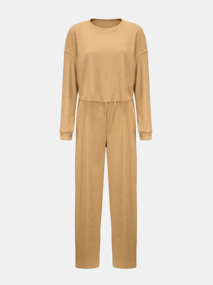 Hazel Blues® |  Waffle-Knit Round Neck Top and Pants Set