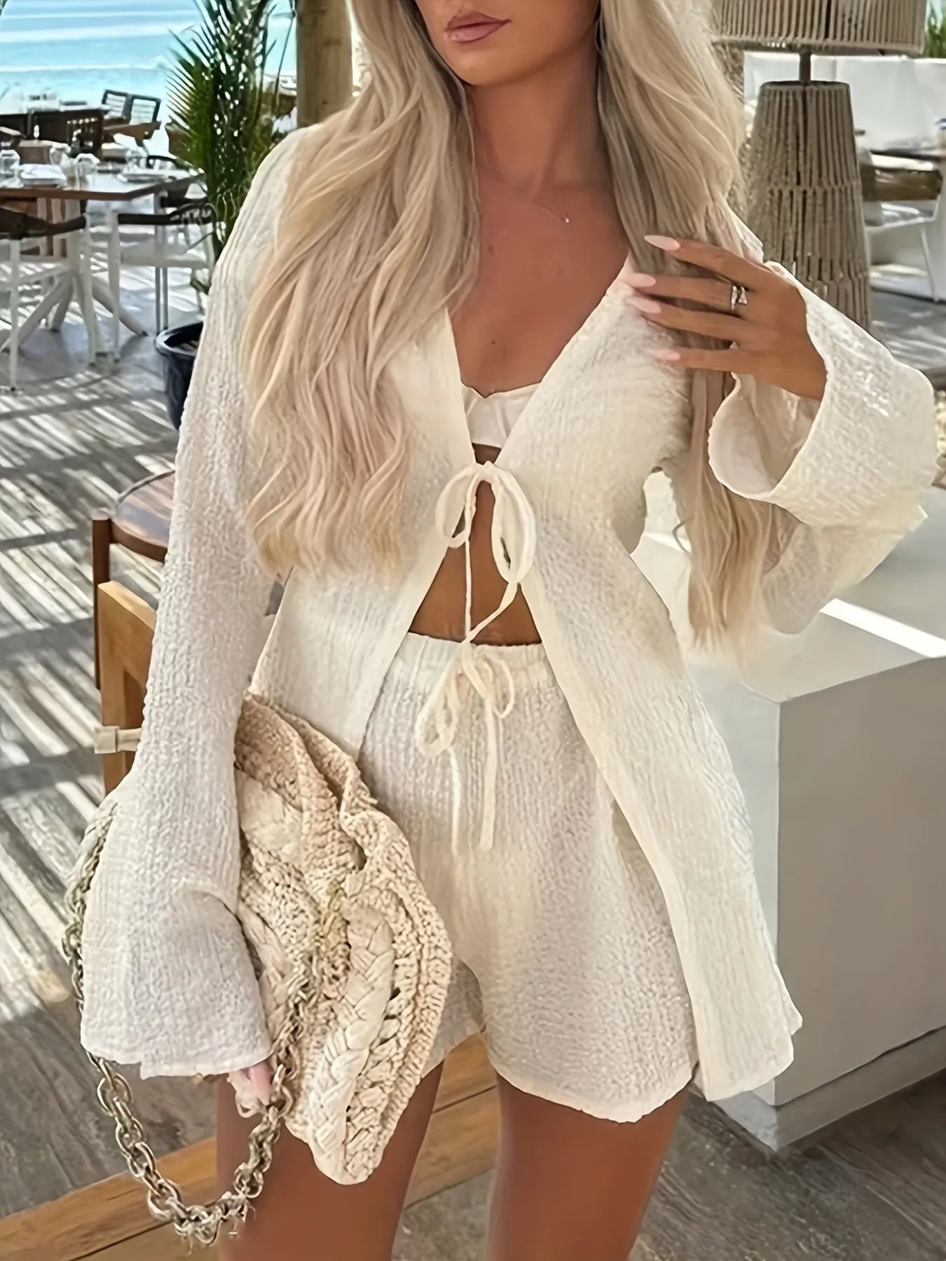 Hazel Blues® |  Tie Front Long Sleeve Top and Shorts Set