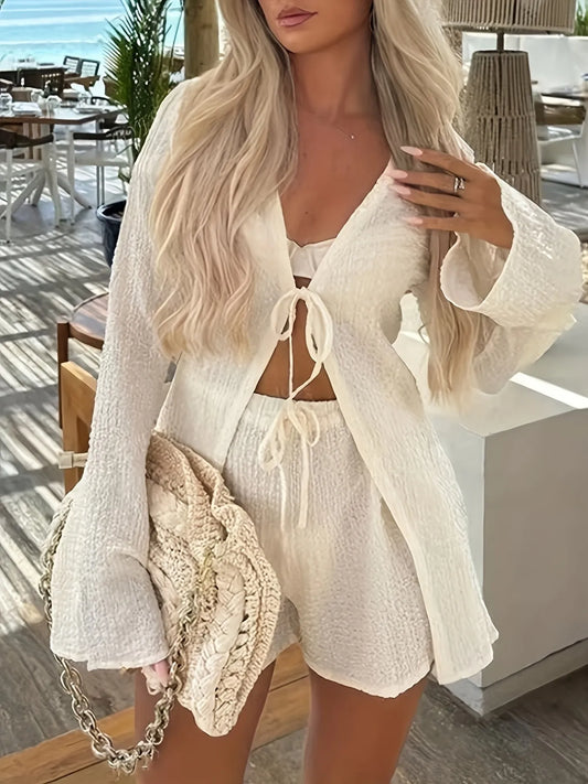 Hazel Blues® |  Tie Front Long Sleeve Top and Shorts Set