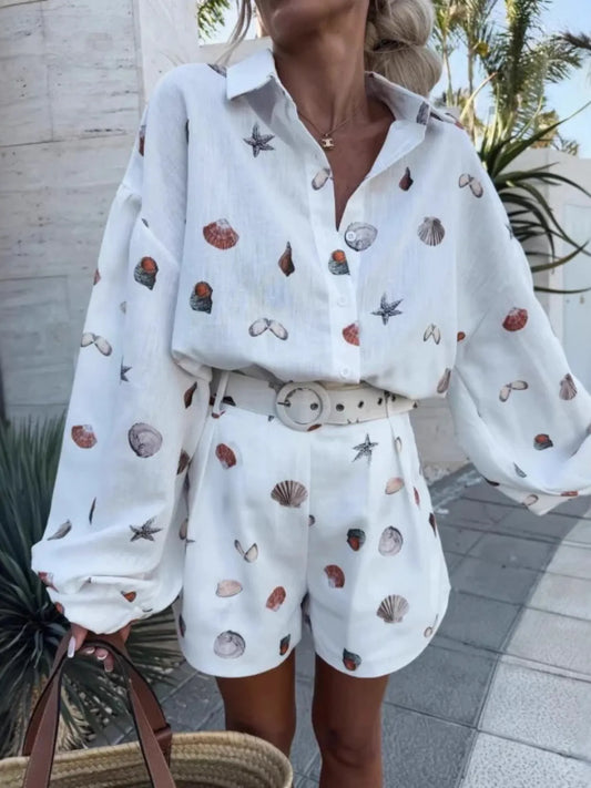 Hazel Blues® |  Shell Print Long Sleeve Shirt and Belt Shorts Set