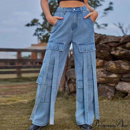 90s Streetwear Blue Cargo Casual Big Pockets Overalls High Waist Straight Denim Jean