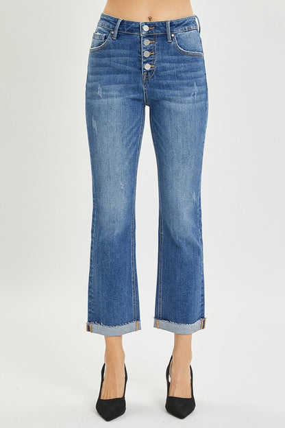 Hazel Blues® |  RISEN Button Fly Cropped Bootcut Jeans