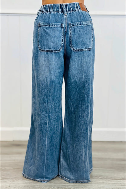 Chic Retro Washed Elastic Drawstring Straight Jeans