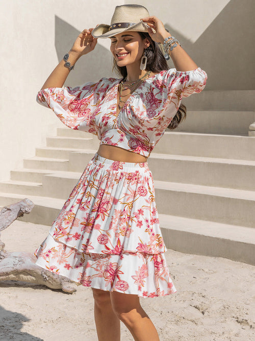 Hazel Blues® |  Printed Half Sleeve Top and Layered Skirt Set