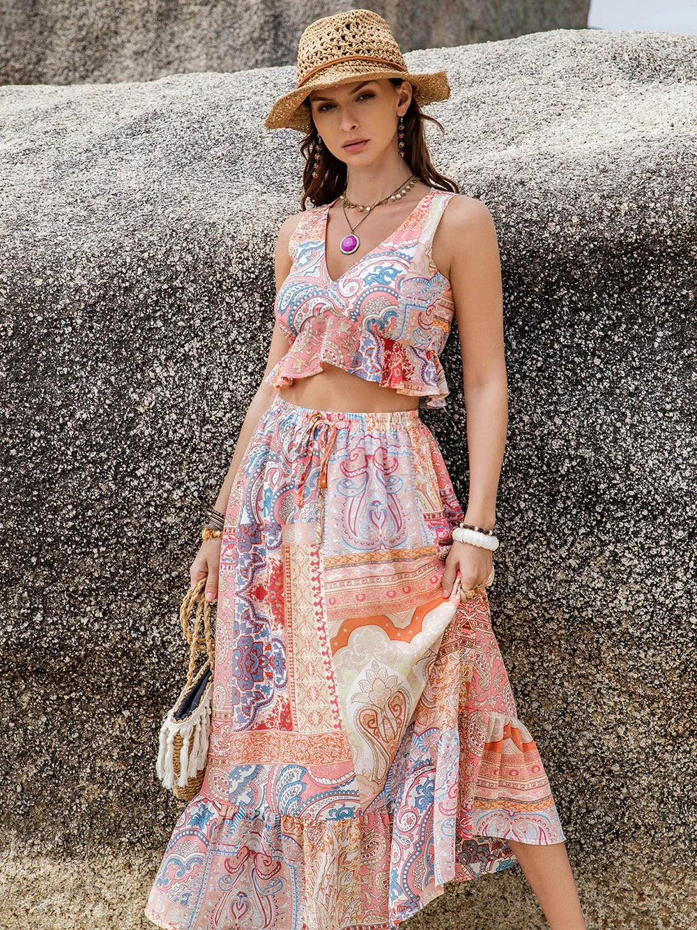 Hazel Blues® |  Printed V-Neck Top and Midi Skirt Set