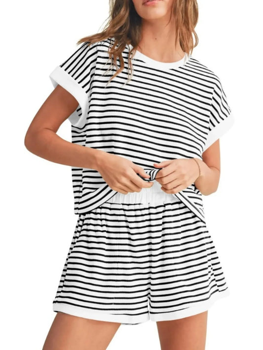 Hazel Blues® | Contrast Striped T-Shirt and Shorts Set