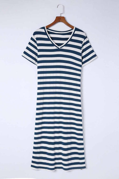 Hazel Blues® | Striped V-Neck Short Sleeve Side Slit Dress