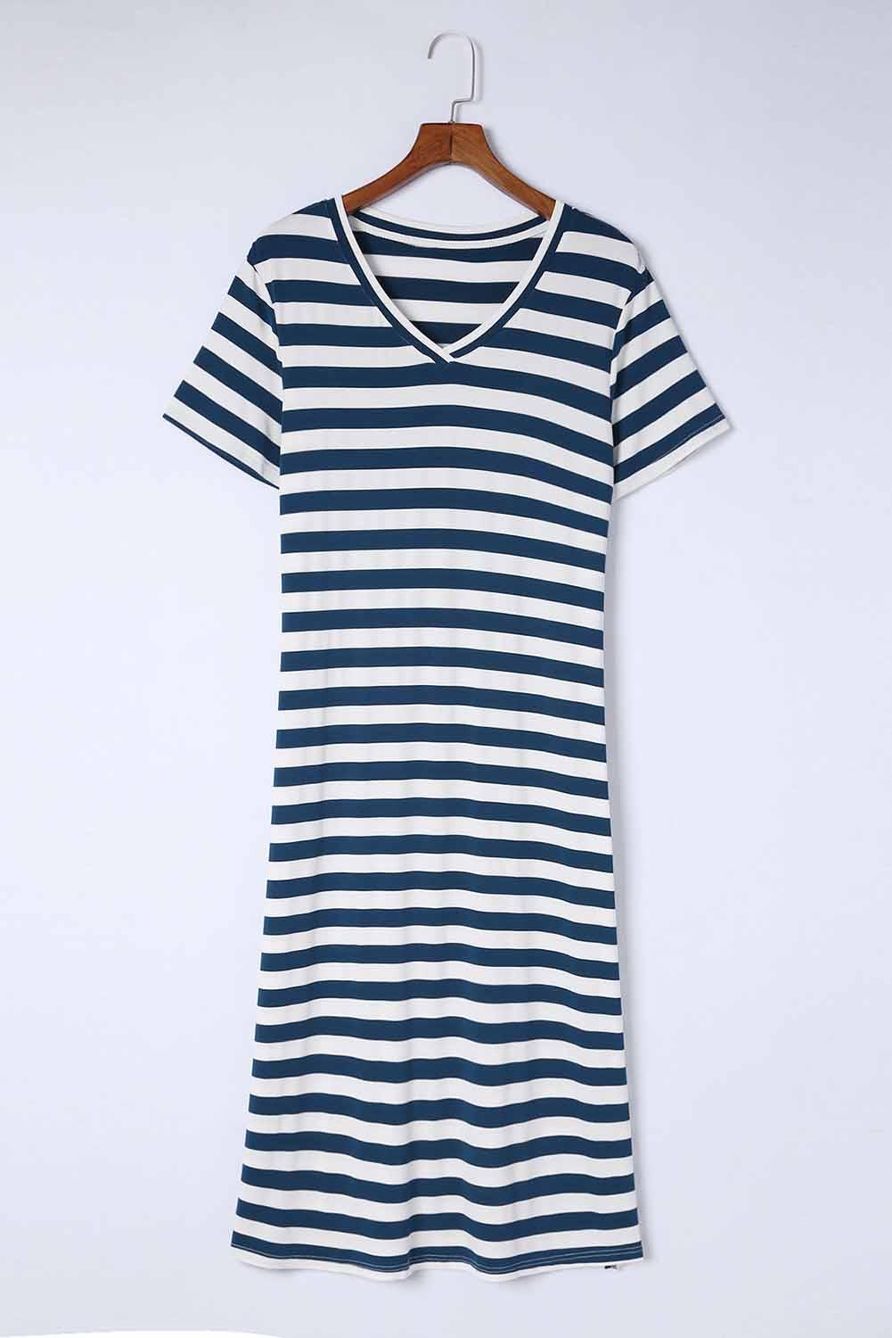 Hazel Blues® | Striped V-Neck Short Sleeve Side Slit Dress