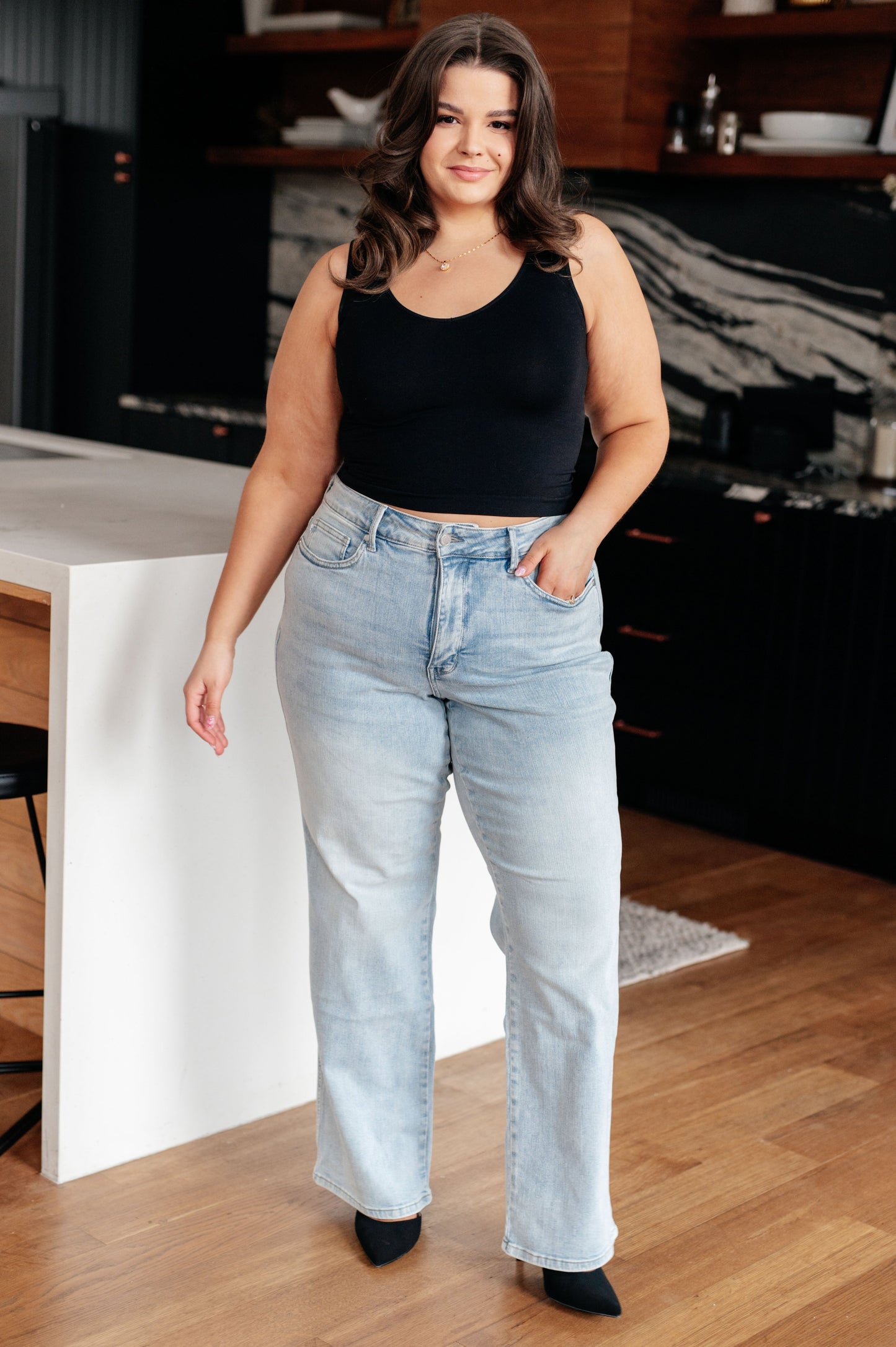 Hazel Blues® |  Brooke High Rise Control Top Vintage Wash Straight Jeans
