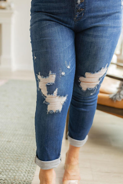 Hazel Blues® |  Colt High Rise Button Fly Distressed Boyfriend Jeans