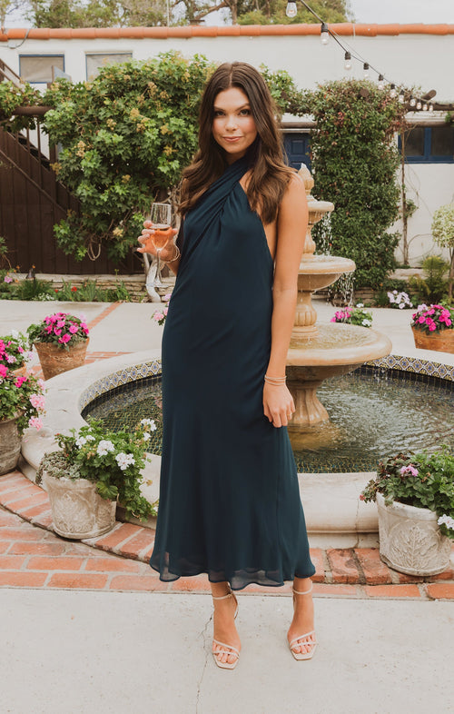 Jasmine Halter Midi Dress ~ Emerald Chiffon