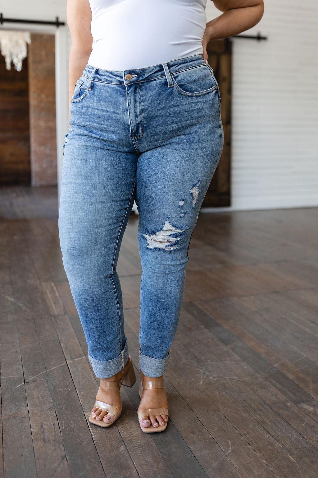Hazel Blues® |  Elodie Mid Rise Distressed Boyfriend Jeans