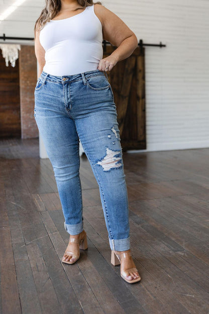 Hazel Blues® |  Elodie Mid Rise Distressed Boyfriend Jeans