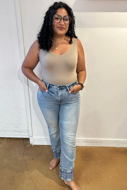 Hazel Blues® |  Miranda High Rise Plaid Cuff Vintage Straight Jeans