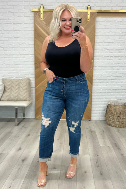 Hazel Blues® |  Colt High Rise Button Fly Distressed Boyfriend Jeans