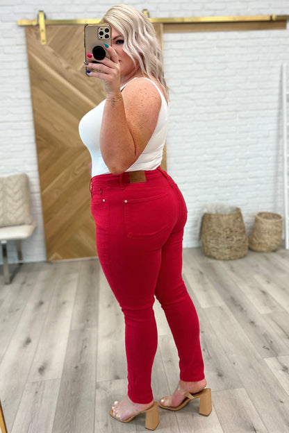 Hazel Blues® |  Ruby High Rise Control Top Garment Dyed Skinny Jeans in Red