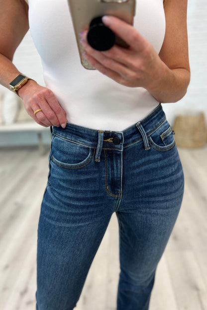 Hazel Blues® |  Josephine Mid Rise Raw Hem Bootcut Jeans