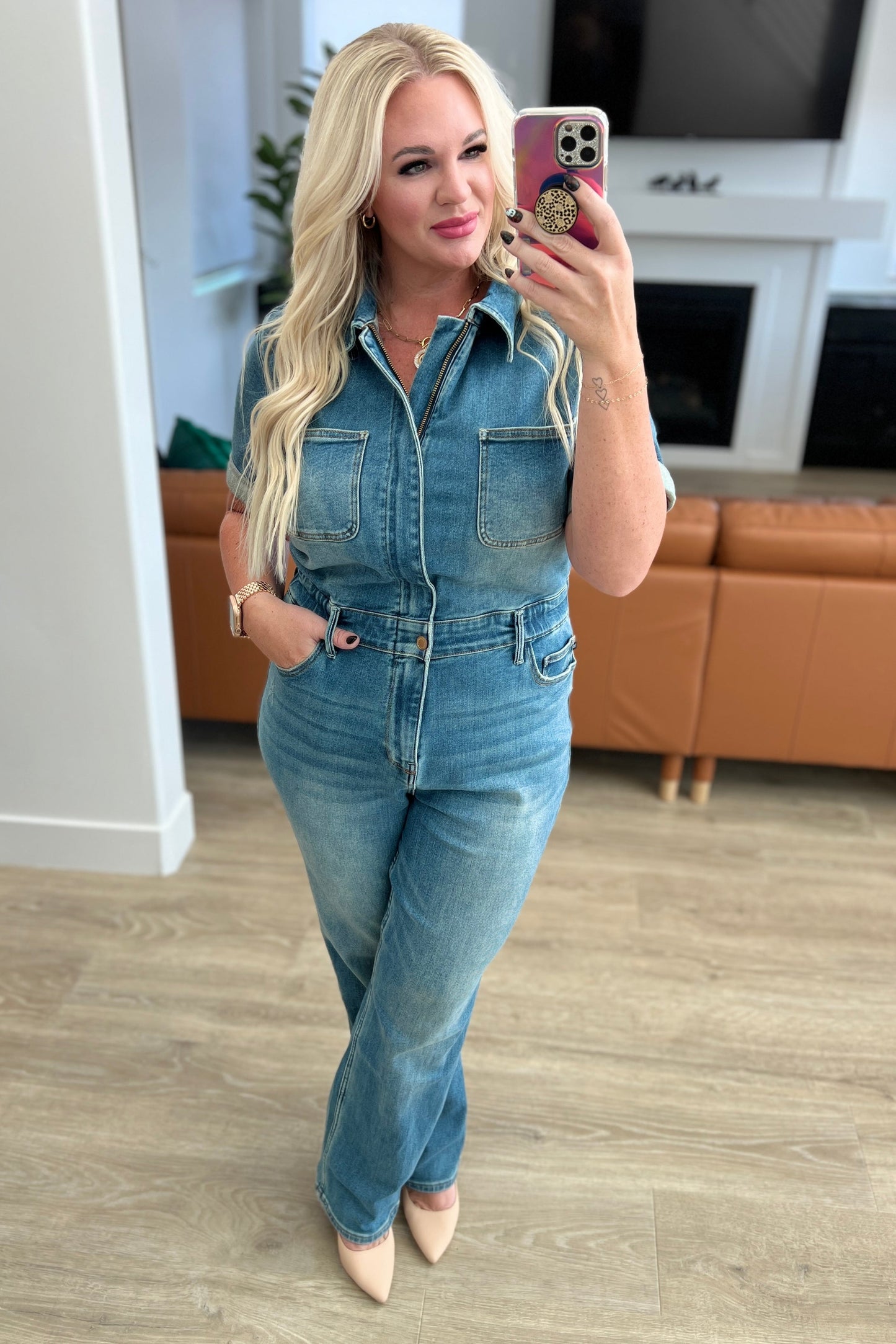 Hazel Blues® |  Sylvia Short Sleeve Denim Jumpsuit
