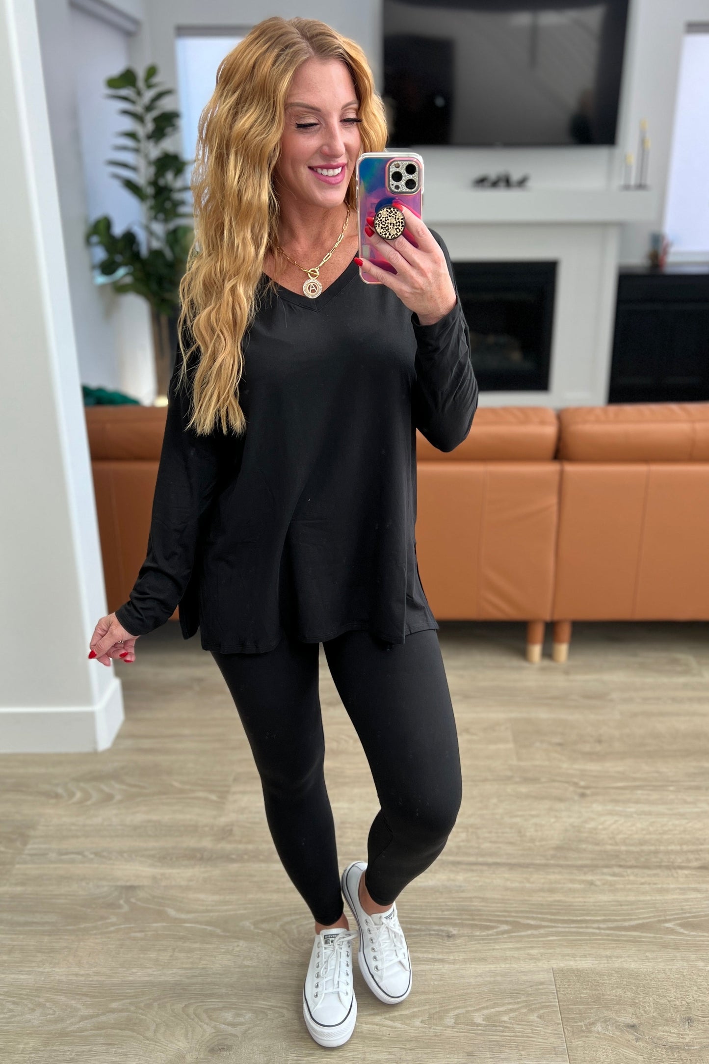 Hazel Blues® |  Buttery Soft V-Neck Long Sleeve Loungewear Set in Black